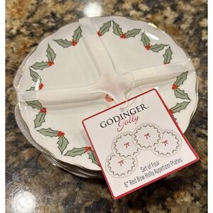 Godinger Jolly Red Bow Holly 6 Inch Appetizer Dessert Plates Set Of 4 NEW